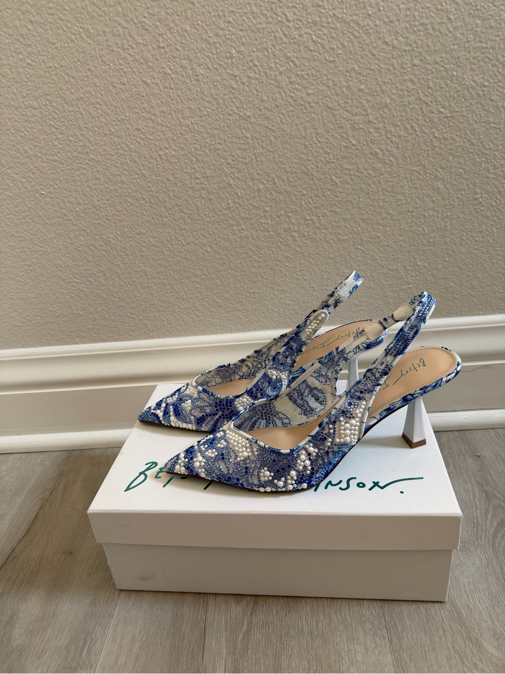 Betsey Johnson Blue and White Beaded Slingback Heels - Picture 3 of 5